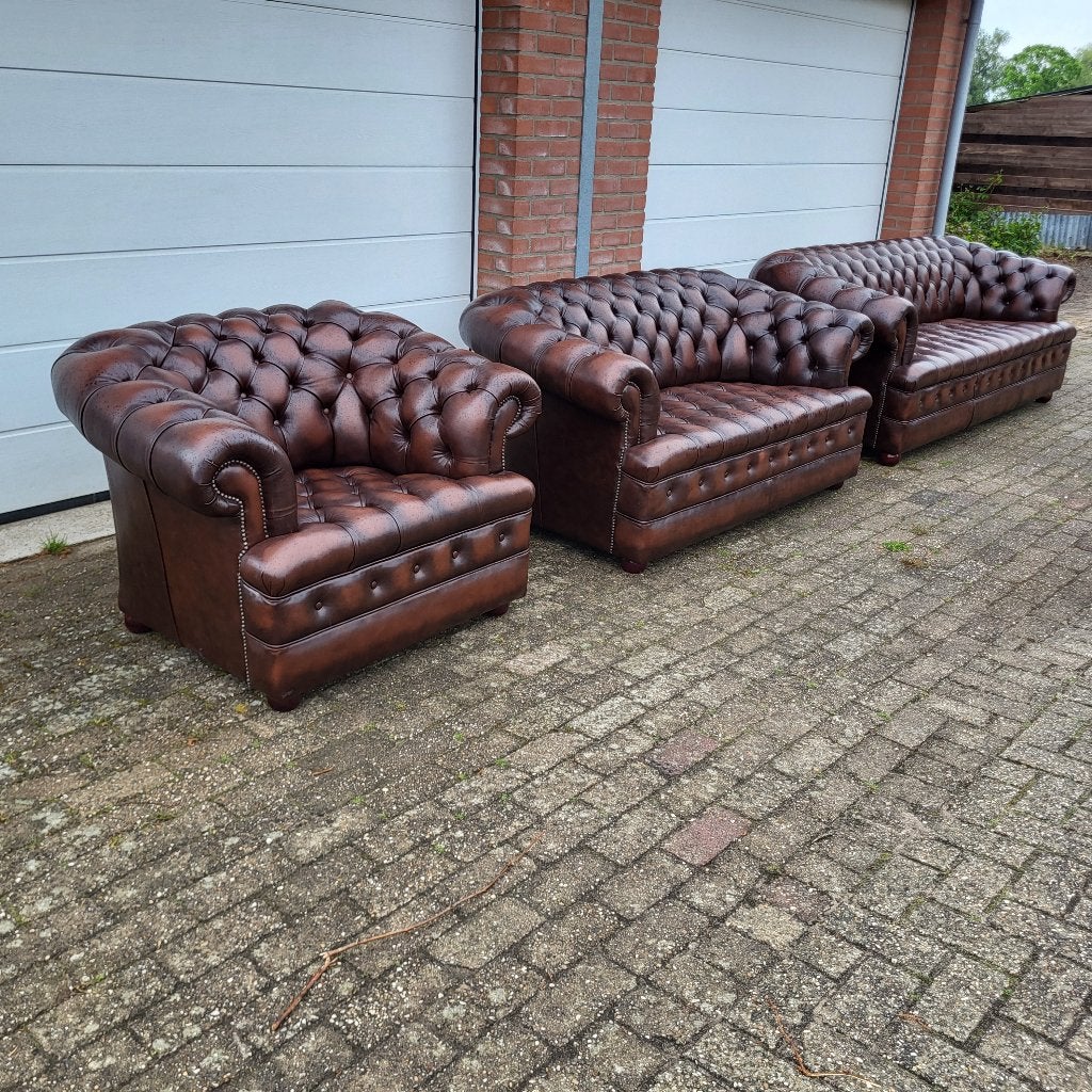 compleet Chesterfield bankstel Majestic buttoned seat bruin, Overige maten, Chesterfield, 75 tot 100 cm, Ophalen of Verzenden