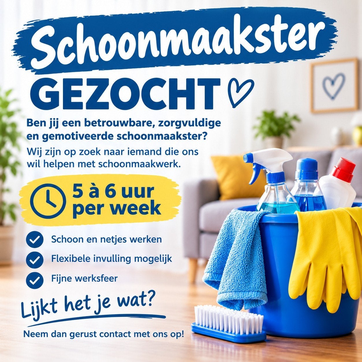schoonmaakster GEZOCHT!! 5 a 6 uur per week