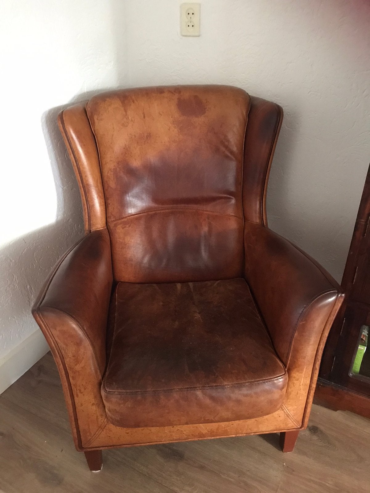 Schapenleren oor fauteuil, Huis en Inrichting, Fauteuils, Ophalen, Gebruikt, 75 tot 100 cm, Leer