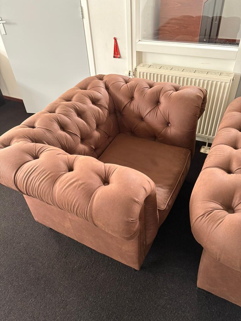 Luxe Chesterfield zithoek velvet, 3 zits bank + 2 fauteuils, Ophalen, Zo goed als nieuw, 75 tot 100 cm