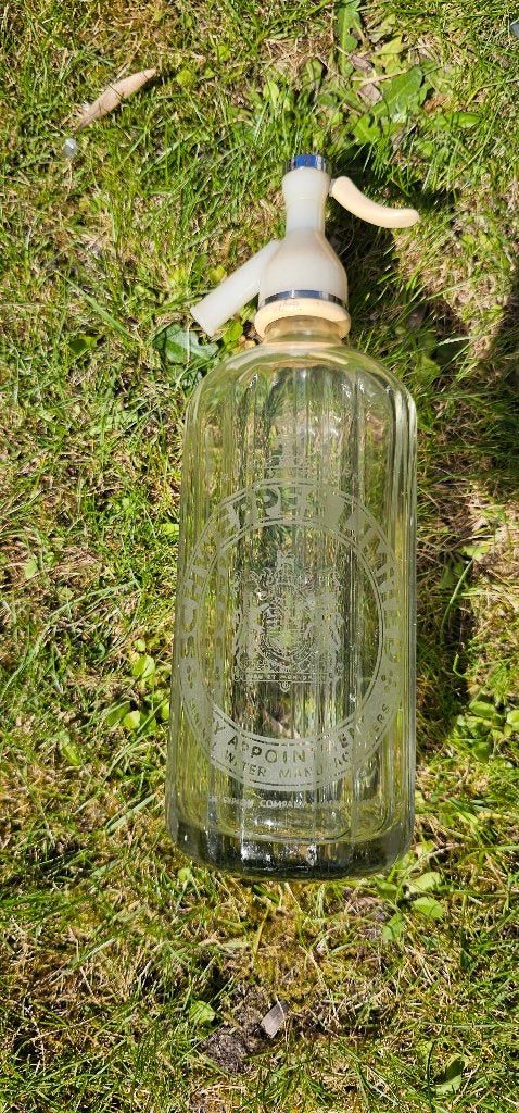 Antieke glazen spuitfles sifonfles syphon met gravure, Ophalen of Verzenden