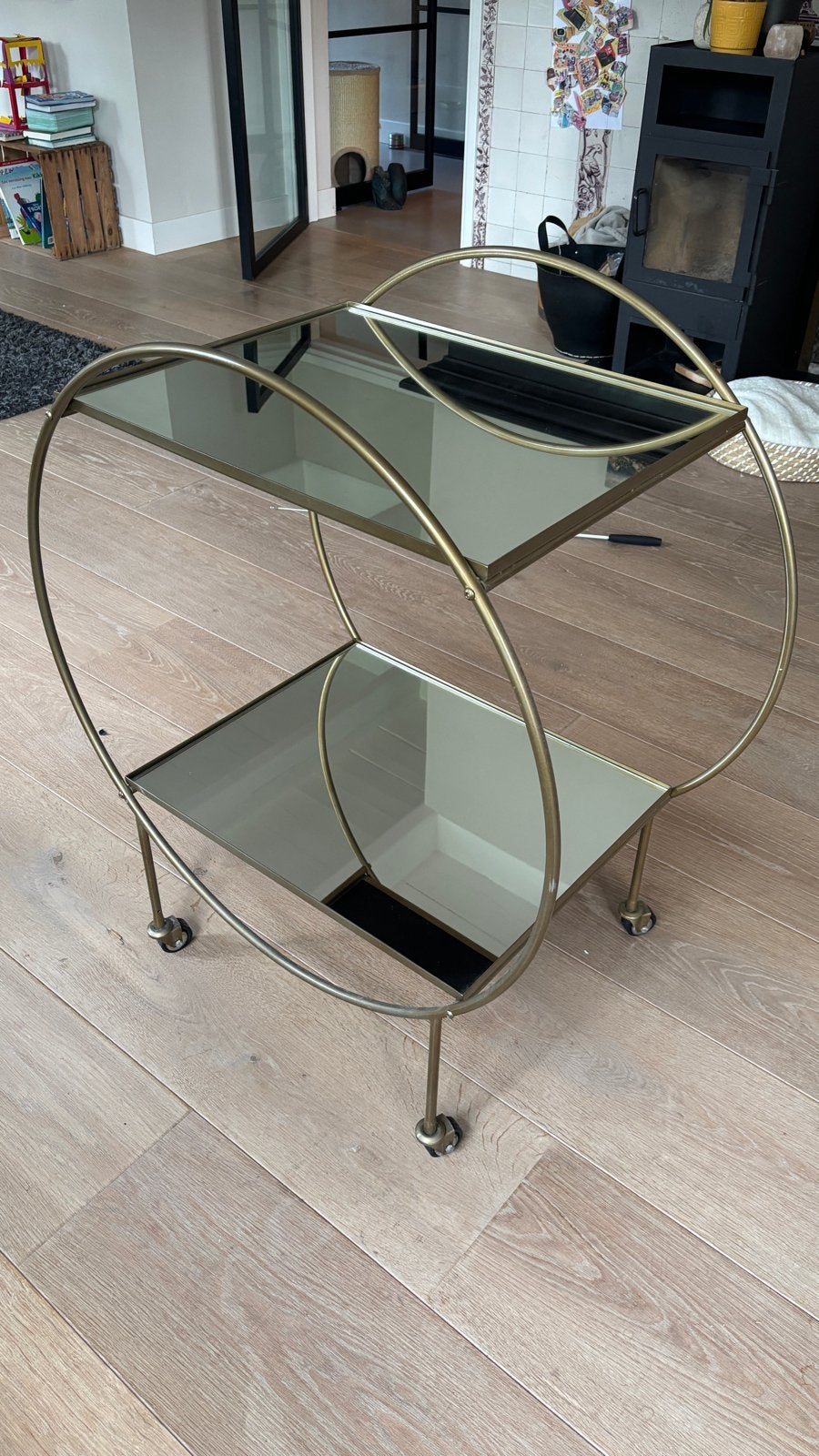 Gouden serveerwagen / barcart met spiegelbladen, Ophalen, Metaal of Aluminium, Zo goed als nieuw, 75 cm of meer