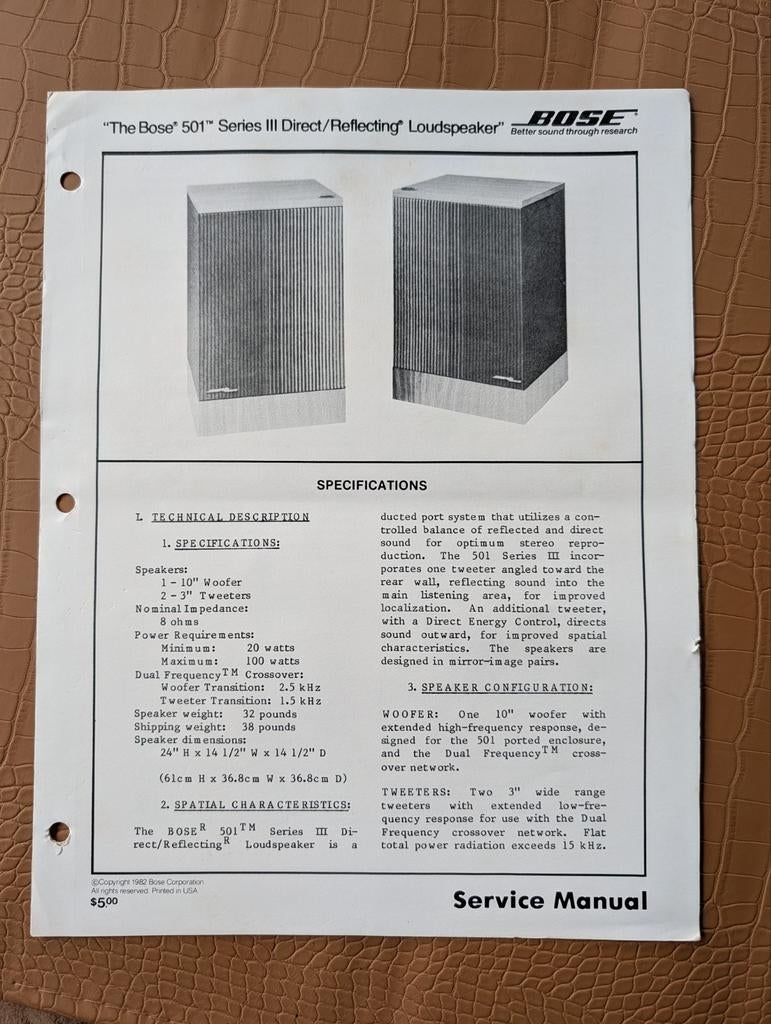Origineel service manual BOSE 501 S3, Ophalen of Verzenden, 120 watt of meer, Front, Rear of Stereo speakers, Bose