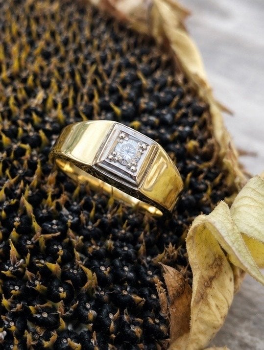 14 Karaat Gouden Herenring met Natuurlijke Diamant, 20 of groter, Heer, Ophalen of Verzenden, Zo goed als nieuw
