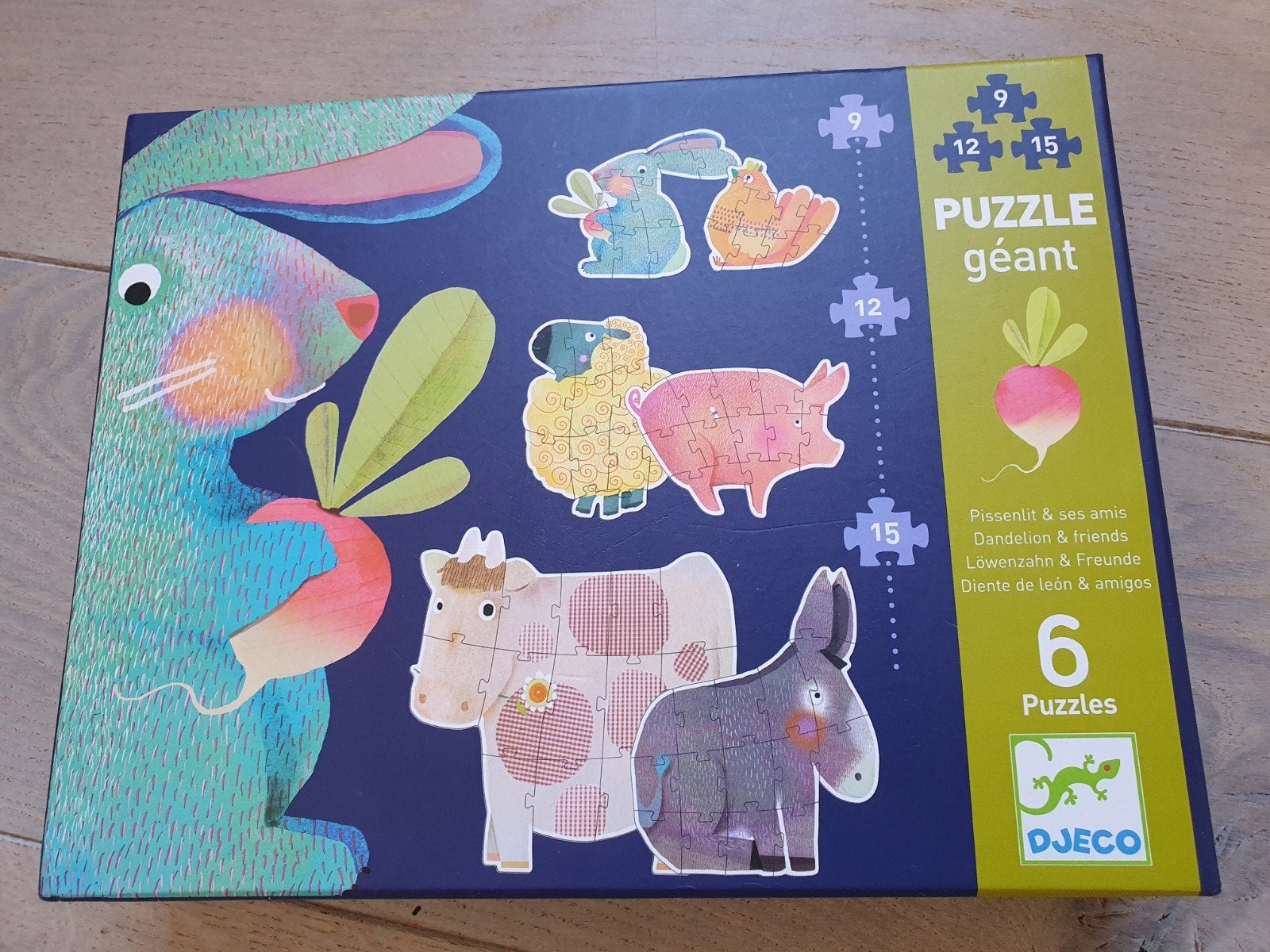Djeco Reuzenpuzzel Dieren 6 Puzzels, Kinderen en Baby's, Ophalen of Verzenden, Meer dan 50 stukjes, Zo goed als nieuw, 2 tot 4 jaar