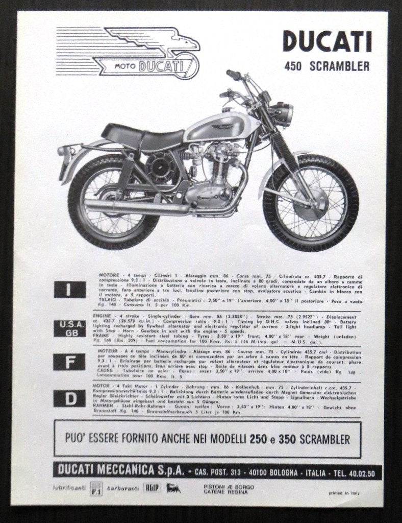 Flyer Ducati 450 Scrambler - circa 1972 - 1 blz  (meertalig), Motoren, Handleidingen en Instructieboekjes, Verzenden, Ducati