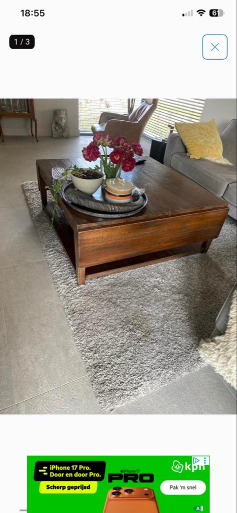 Houten salontafel met uitschuifbare bladen, Gebruikt, 100 tot 150 cm, Minder dan 50 cm, Rechthoekig