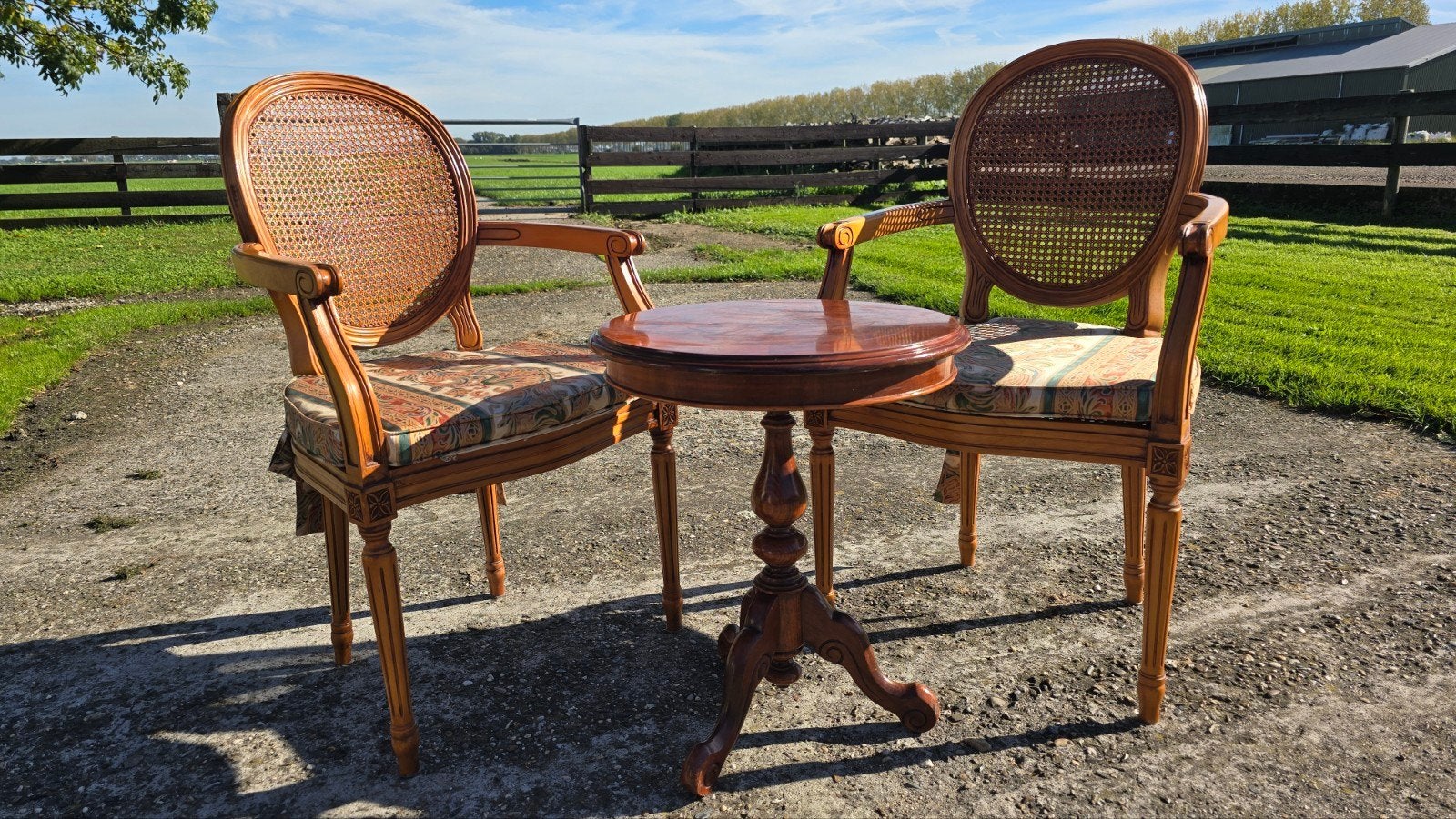 Antieke Franse stoelen met rieten rugleuning en bijzettafel, Ophalen