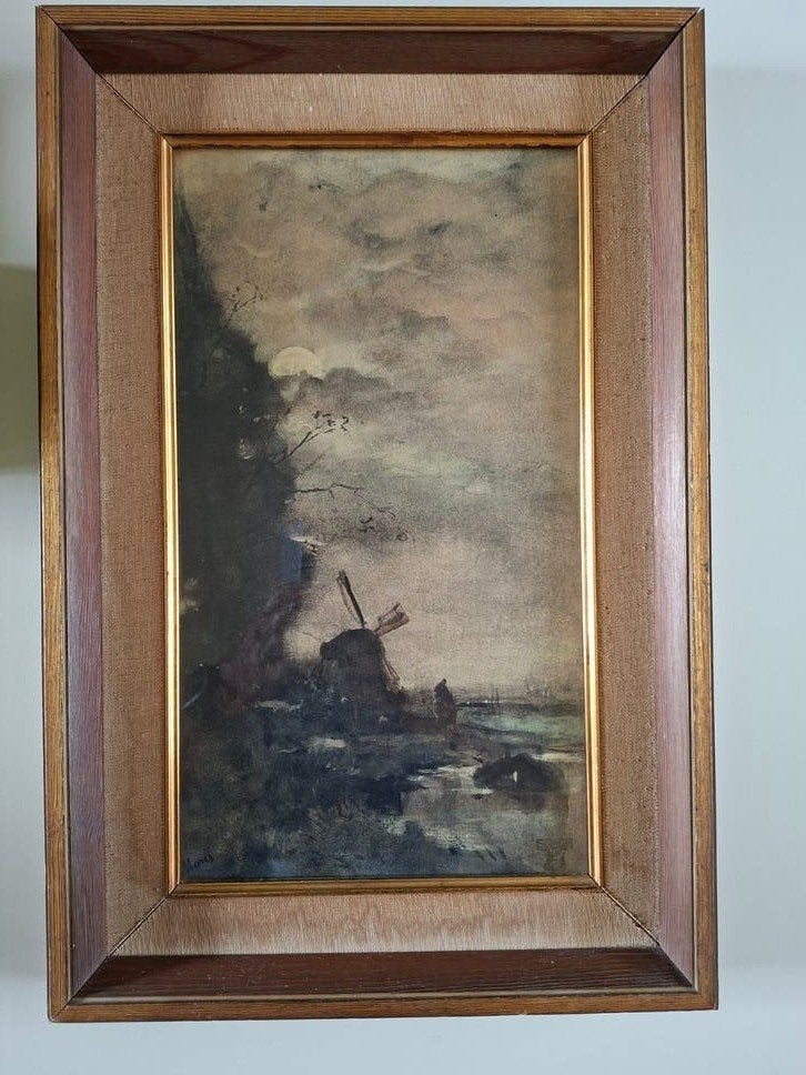 Jacob Maris/"molen bij maanlicht "/oude litho/ steendruk, Ophalen of Verzenden