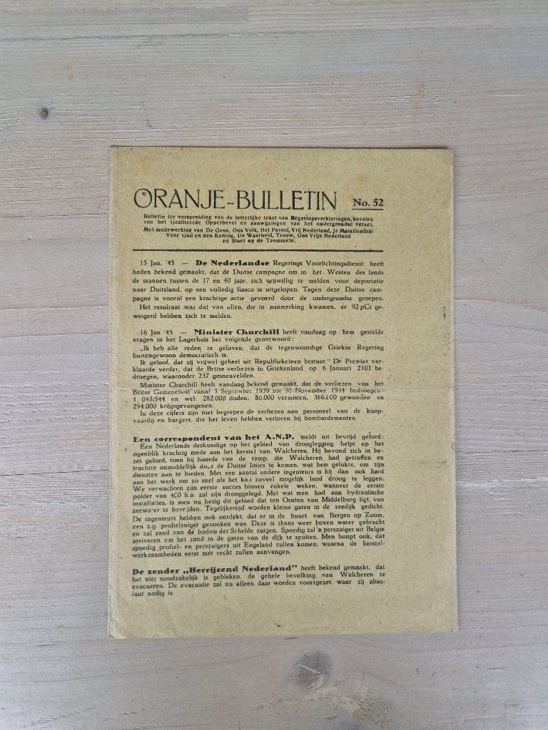 Illegale pers verzetskrant Oranje Bulletin No.52, jan 1945, Ophalen of Verzenden, Nederland, Overige typen