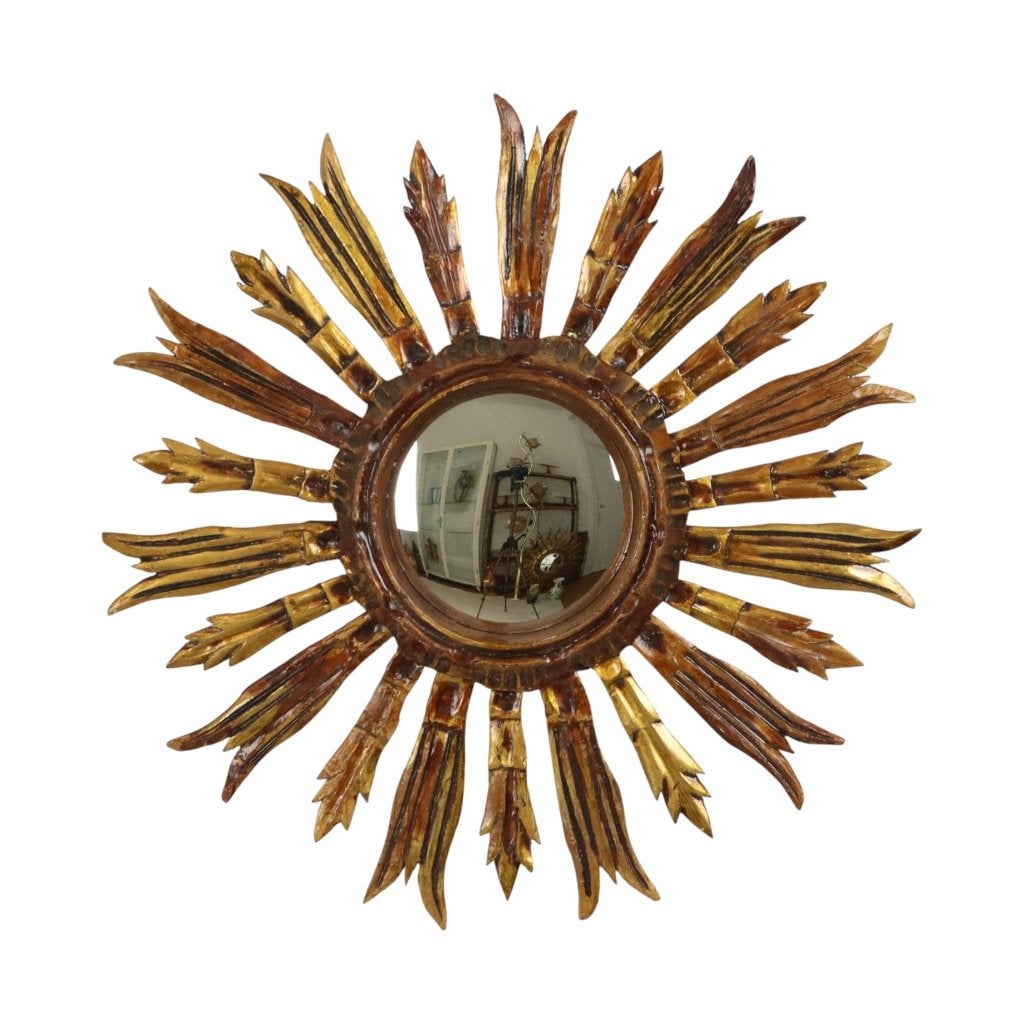 Vintage Houten Zonnespiegel Sunburst Goud Fifties 52cm, Gebruikt, Rond, Ophalen of Verzenden, Minder dan 100 cm
