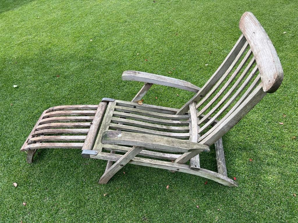 Teak Houten deckchair ligstoel met voetenbank - Verstelbaar, Ophalen of Verzenden, Gebruikt, Hout, Verstelbaar