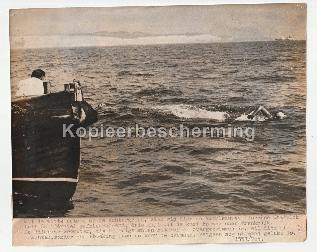 Kanaalzwemmen Florence Chadwick 1953 oude persfoto, Gebruikt, Verzenden, Foto, 1940 tot 1960