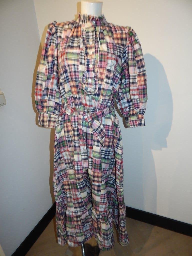 Antik Batik beeldige maxi jurk ruiten print pof mouwen mt 38, Kleding | Dames, Maat 38/40 (M), Zo goed als nieuw, Onder de knie