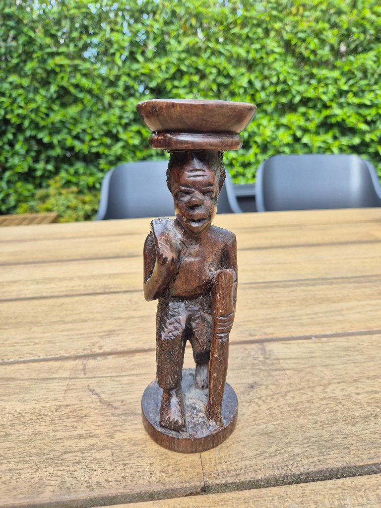 Houten kandelaar van Afrikaanse man, Gebruikt, Bruin, Ophalen of Verzenden, Kandelaar