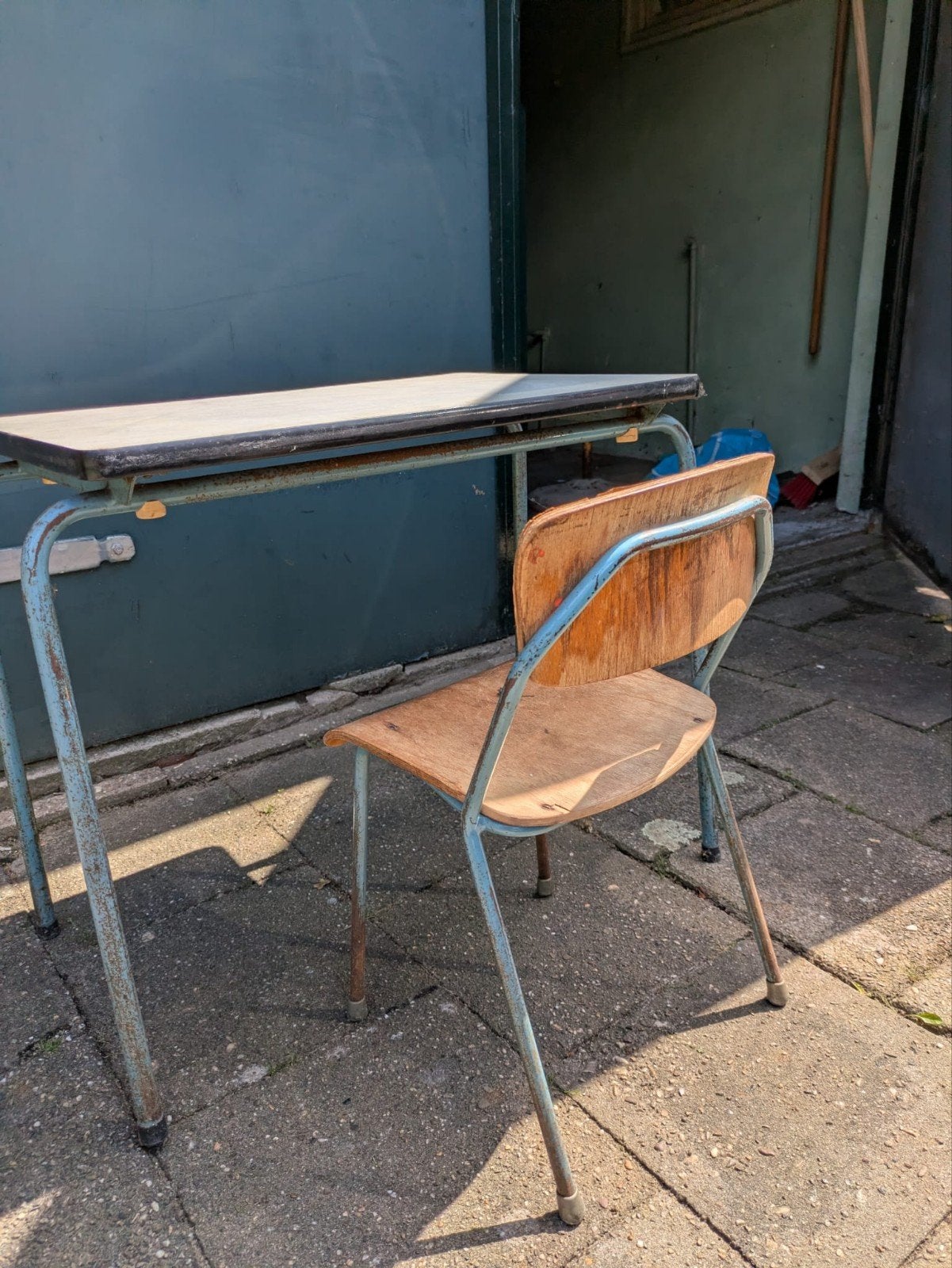 Mooi oud vintage kinder schooltafeltje en stoeltje, Ophalen, Gebruikt, Tafel(s) en Stoel(en)