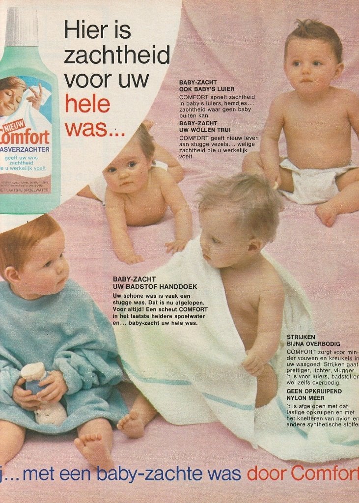 Retro reclame 1968 Comfort wasverzachter baby in luiers, Verzamelen, Retro, Verzenden, Overige typen