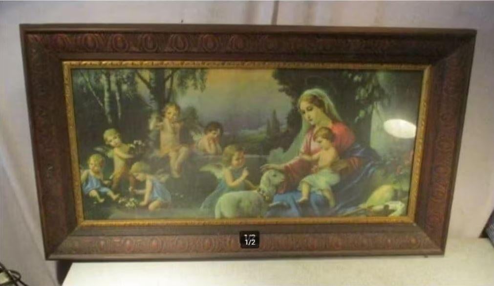 Prachtige Prent 'Maria Jezus en Engelen' - Antieke Fotolijst, Antiek en Kunst, Antiek | Religie, Ophalen of Verzenden