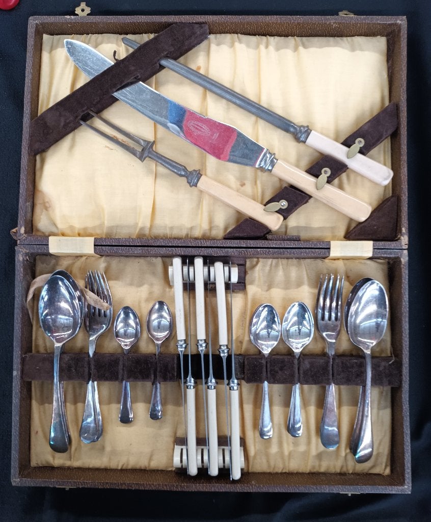 Antiek bestek trancheerset 6 personen in doos Sheffield, Antiek en Kunst, Ophalen of Verzenden