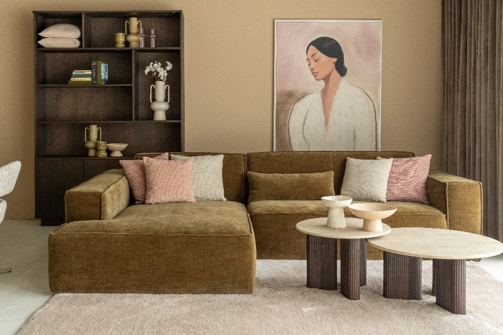 Moderne hoekbank met chaise lounge vintage groen *Voorraad*, Huis en Inrichting, Banken | Bankstellen, Nieuw, Hoekbank, Vierpersoons of meer