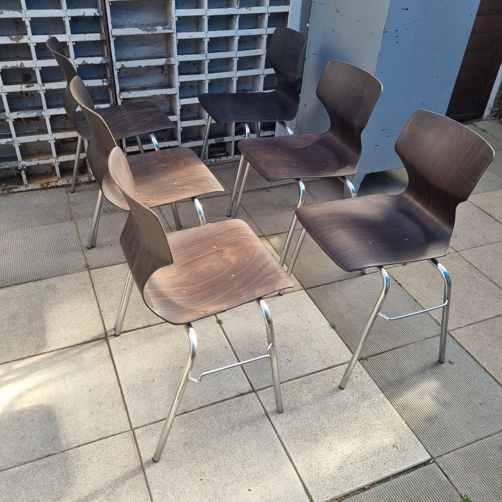 Set van 6 Flototto stoelen Pagholz zitting en chroom poten, Huis en Inrichting, Stoelen, Ophalen, Gebruikt, Hout, Vijf, Zes of meer stoelen