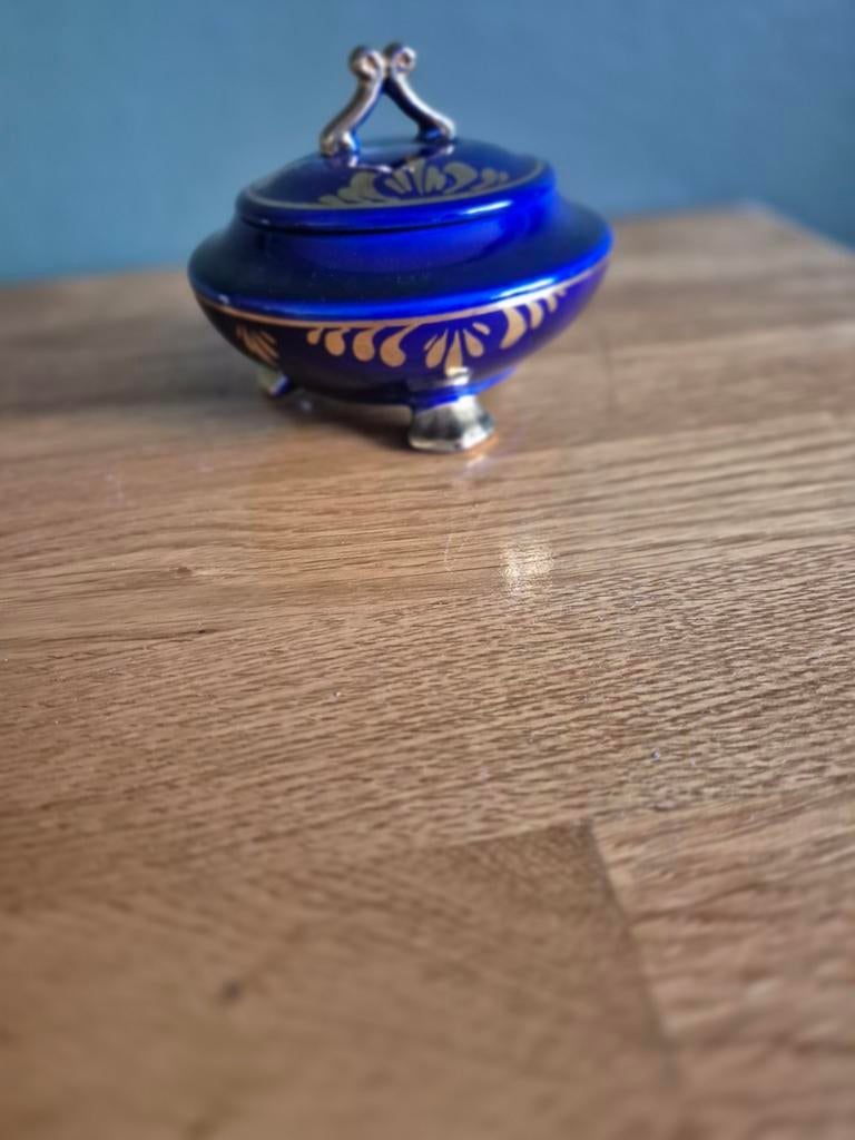 Vintage Kobaltblauw Sieradendoosje / Bonbonnière - Echt Goud, Ophalen of Verzenden