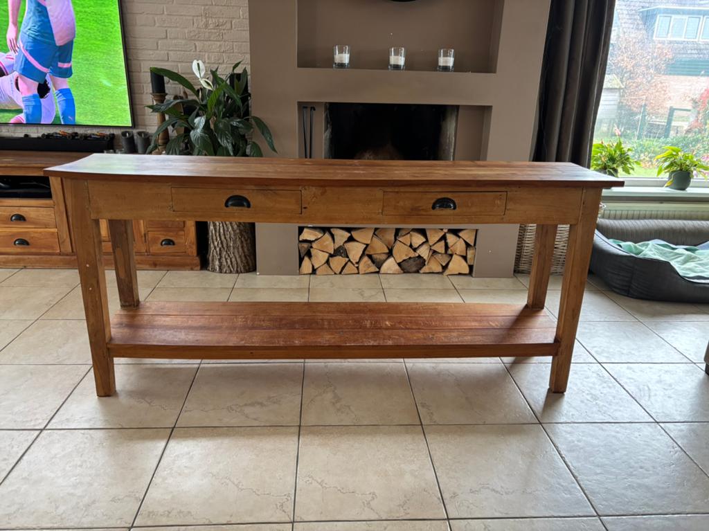 Massief teak houten sidetable met lades en plank (MOET WEG!), Huis en Inrichting, Tafels | Sidetables, Ophalen, Teakhout, Zo goed als nieuw
