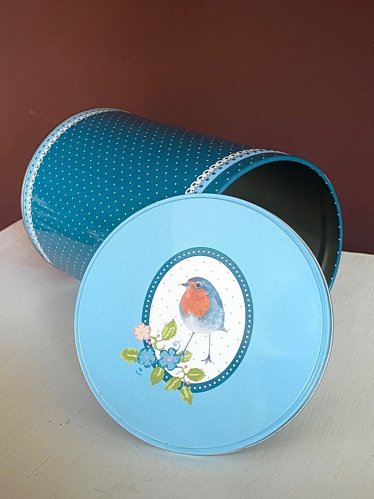 Blauw voorraadblik met roodborstje | Pip Studio stijl, Huis en Inrichting, Ophalen, Blauw, Zo goed als nieuw, Voorraadpot