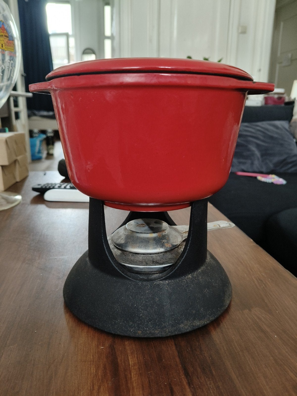 Rode gietijzeren fonduepan met brander, Ophalen, Metaal, Rood, Overige merken