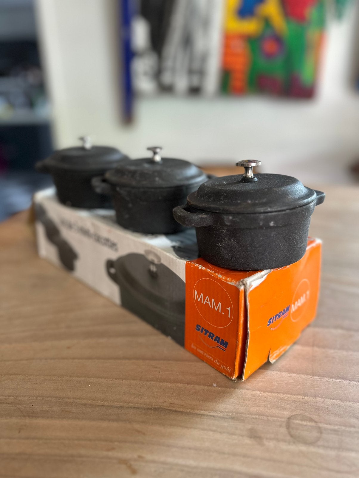 3 hoogwaardige gietijzeren pannen, mini Cocottes van Sitram, Ophalen of Verzenden, Zo goed als nieuw