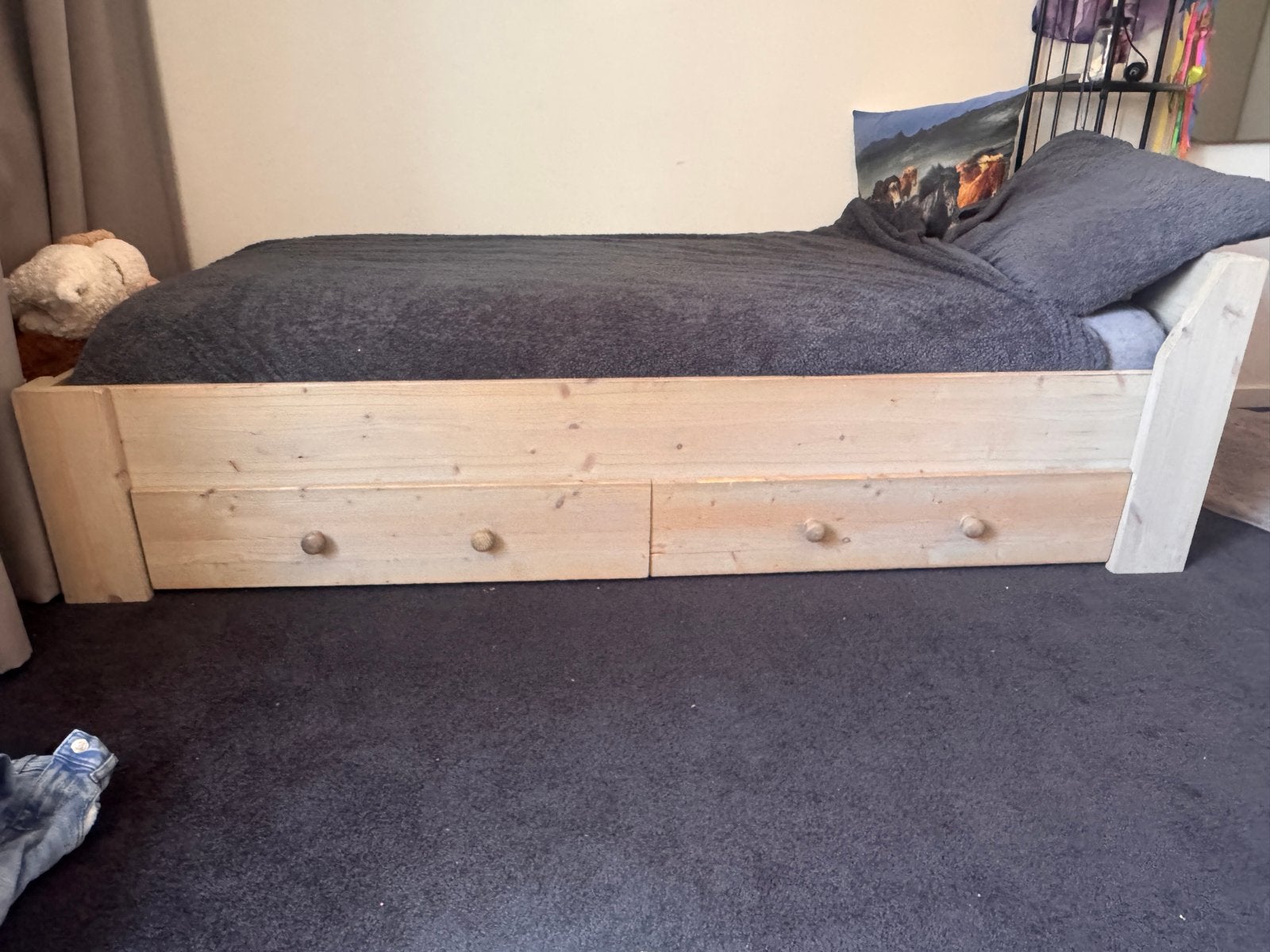 Steigerhouten bed 90x200 met lades en grijze look, Ophalen, Gebruikt, 90 cm, Eenpersoons