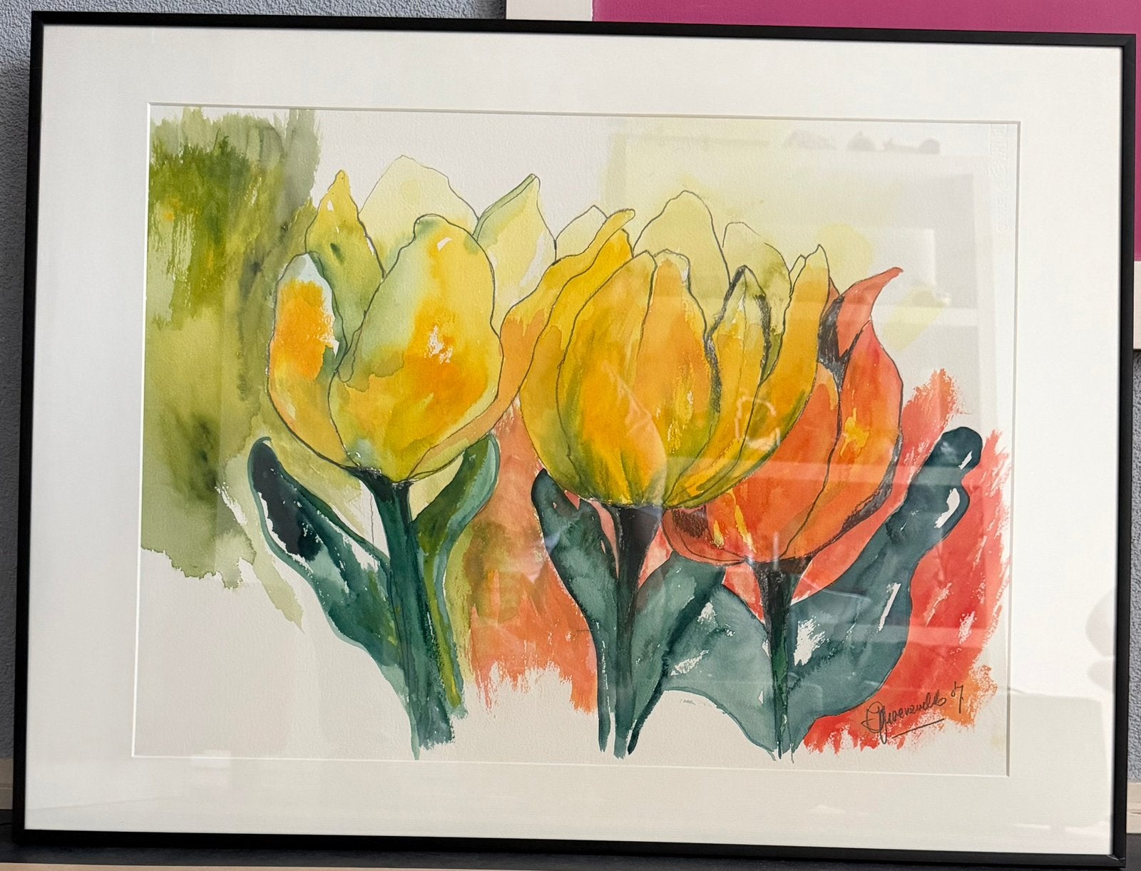 Aquarel van Ingrid Groeneveld met zwarte lijst, Ophalen, Aquarel, Papier/karton, Achter glas