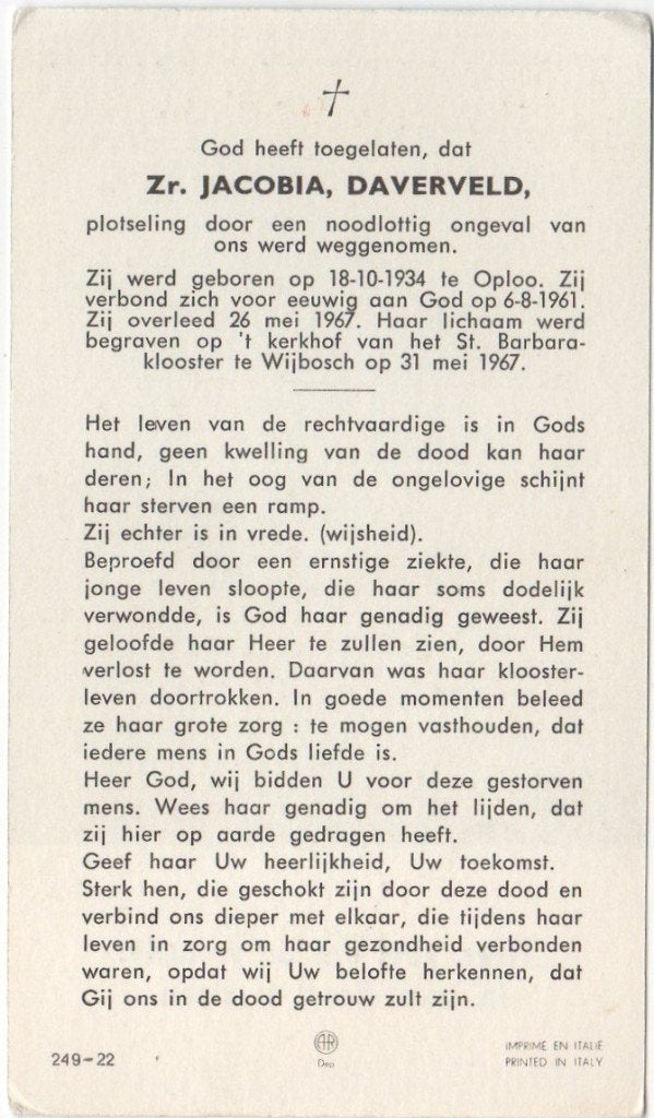 zr. Jacobia Daverveld 1934 Oploo + 1967 Wijbosch, 32 jaar, Verzamelen, Bidprentjes en Rouwkaarten, Verzenden