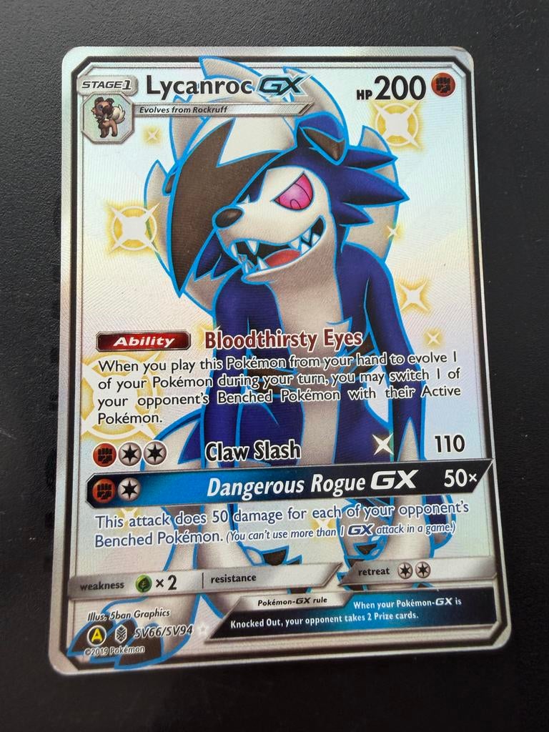 Lycanroc GX Pokémon Kaart - Full Art Shiny SV66/SV94, Ophalen of Verzenden, Zo goed als nieuw, Losse kaart, Foil