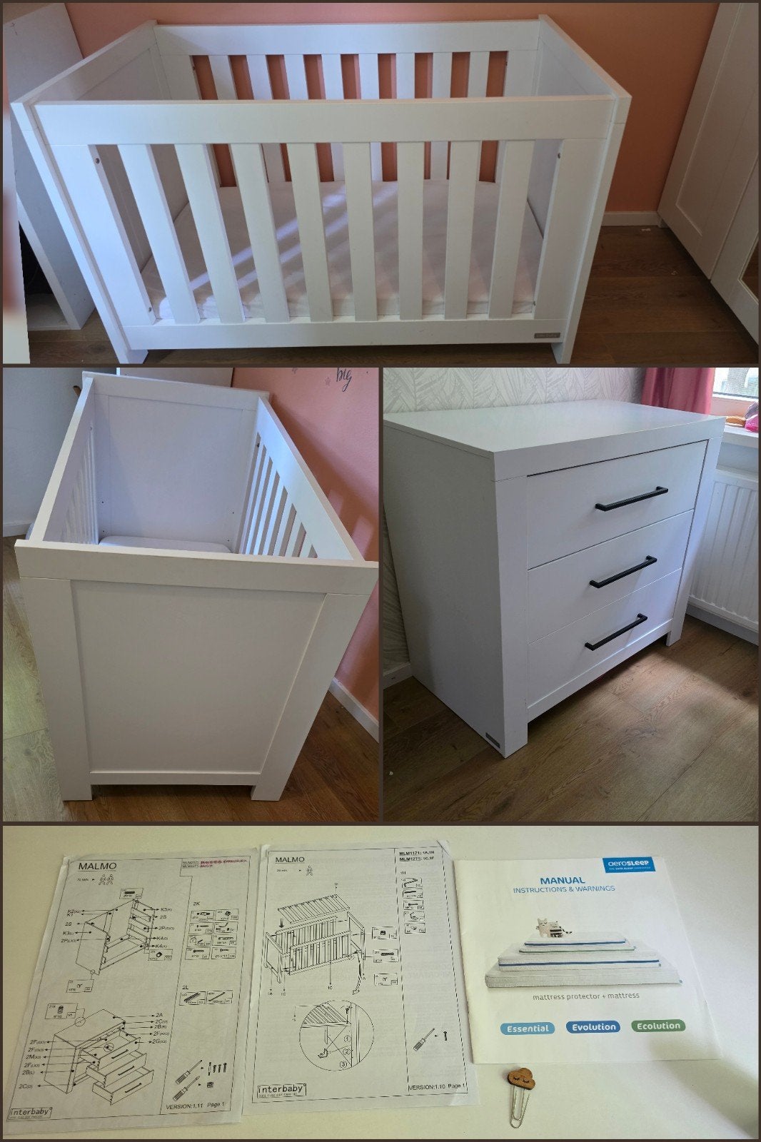 Complete babykamer Interbaby Malmö wit + aerosleep set, Ophalen, Zo goed als nieuw, Jongetje of Meisje