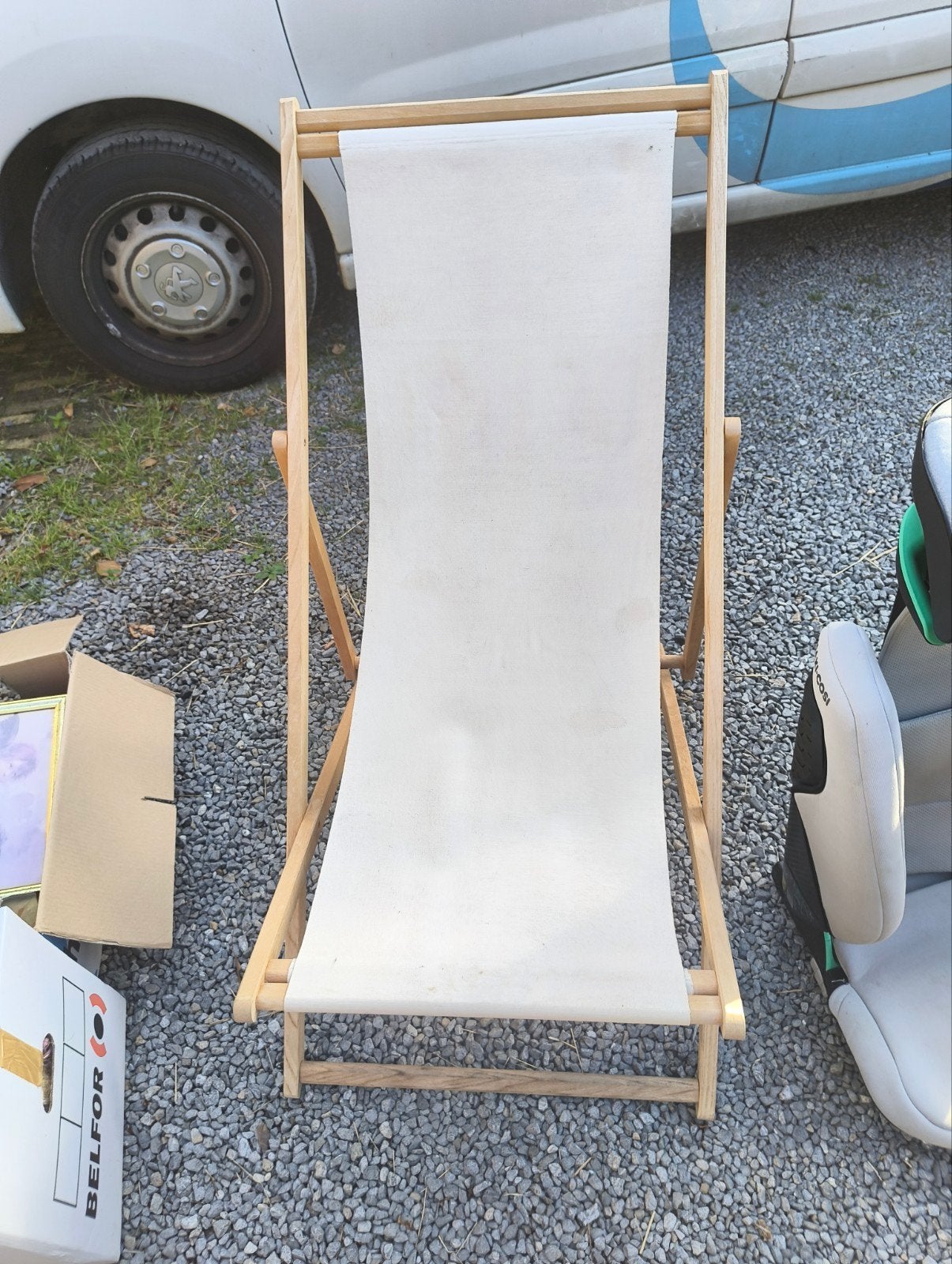 Houten strandstoel / ligstoel met wit doek, Ophalen, Gebruikt, Wit, Strand, Tuin, Relax