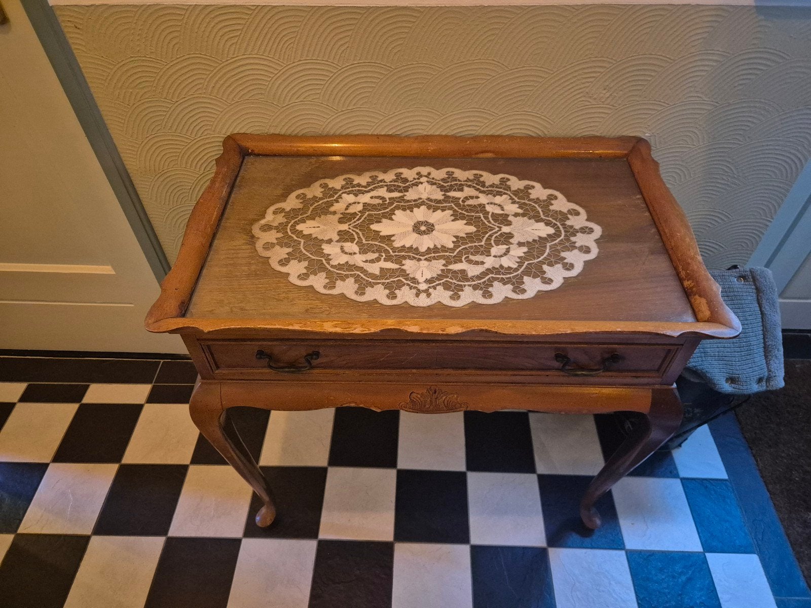 Antieke theetafel met lade en glazen blad, Ophalen of Verzenden