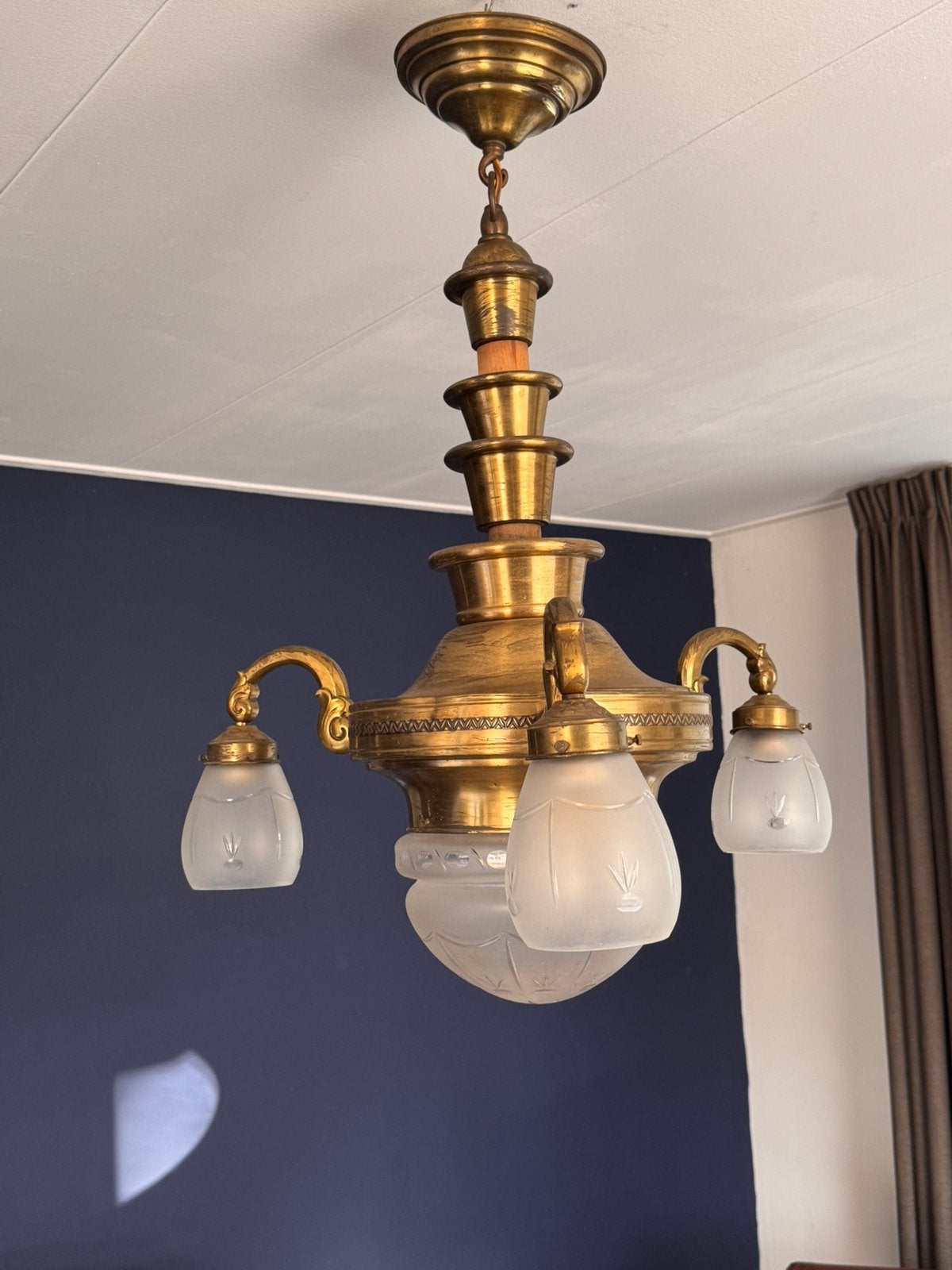 Prachtige antieke Art Deco / Jugendstil kroonluchter messing, Ophalen, Zo goed als nieuw, Glas