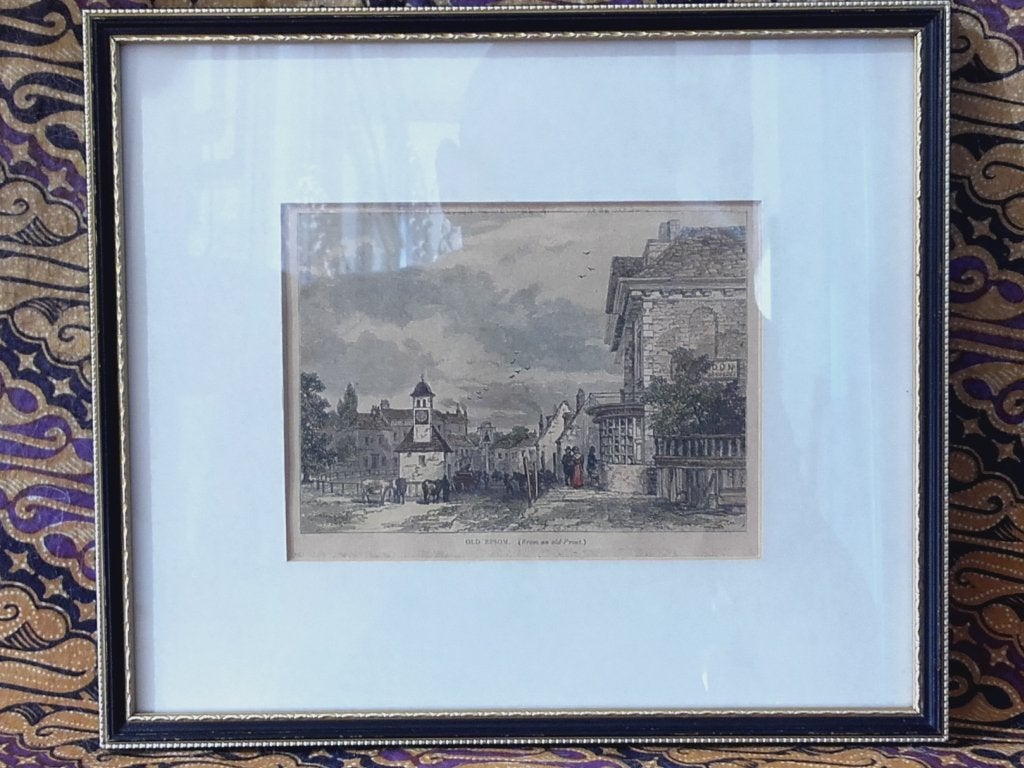 Mooie antieke ingelijste ets uit Engeland van Old Epsom.