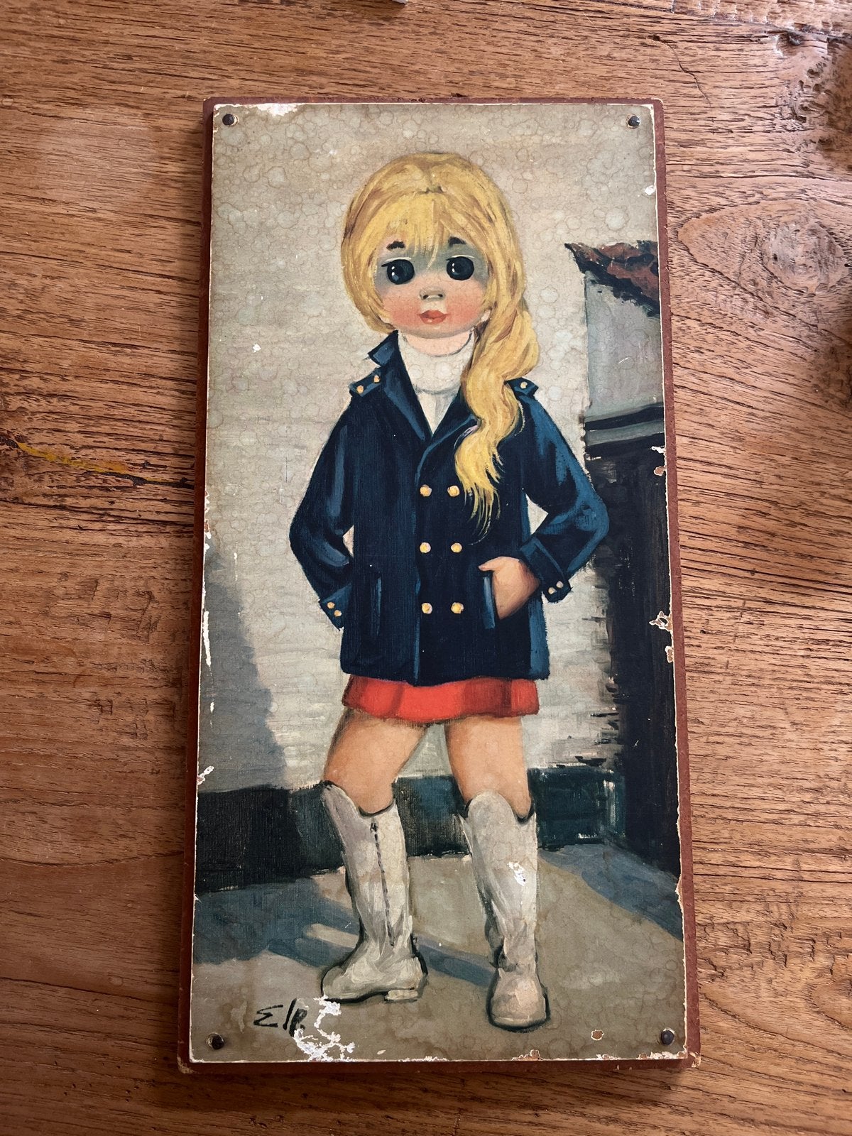 Vintage schilderij meisje met blonde haren en laarzen, Ophalen of Verzenden