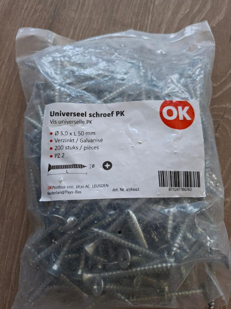 OK Universele Schroeven 5.0x50mm Verzinkt 200 stuks, Ophalen, Nieuw, Minder dan 50 mm, Schroeven