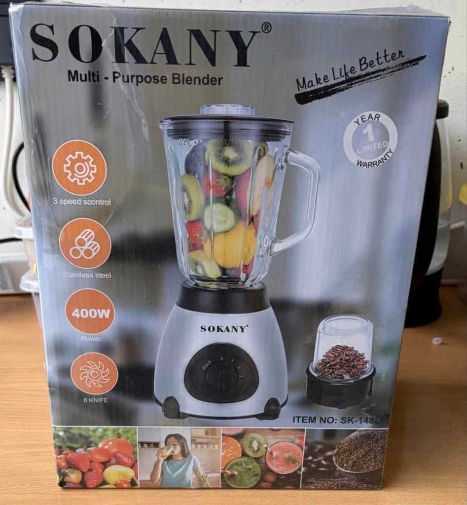 Sokany Multi-Purpose Blender - 400W, RVS, 3 snelheden, Nieuw, Ophalen of Verzenden, Blender, V