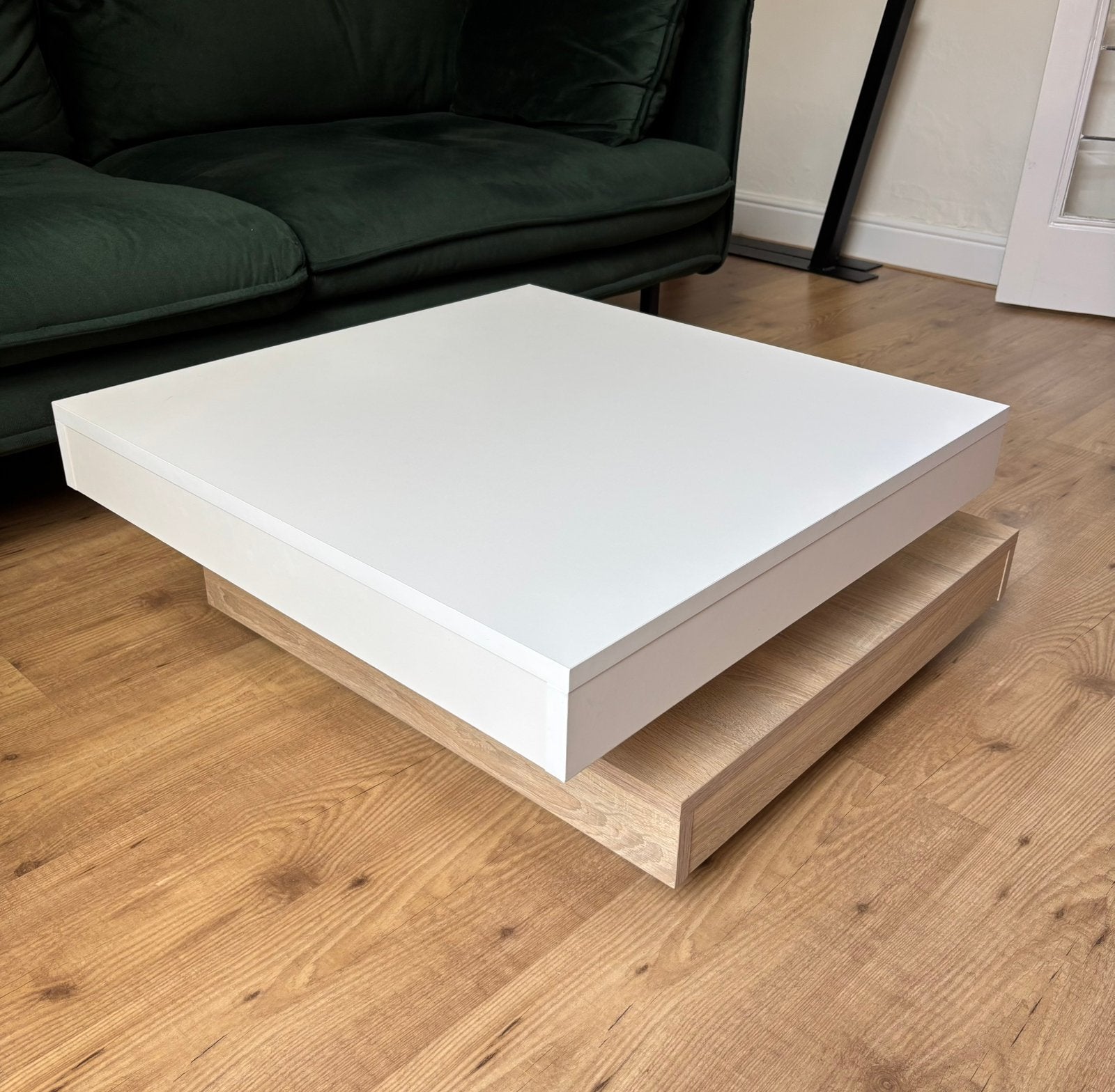 Moderne Vierkante Salontafel (360 Draaibaar) – Wit / Eiken, Ophalen, Gebruikt, 50 tot 100 cm, Vierkant