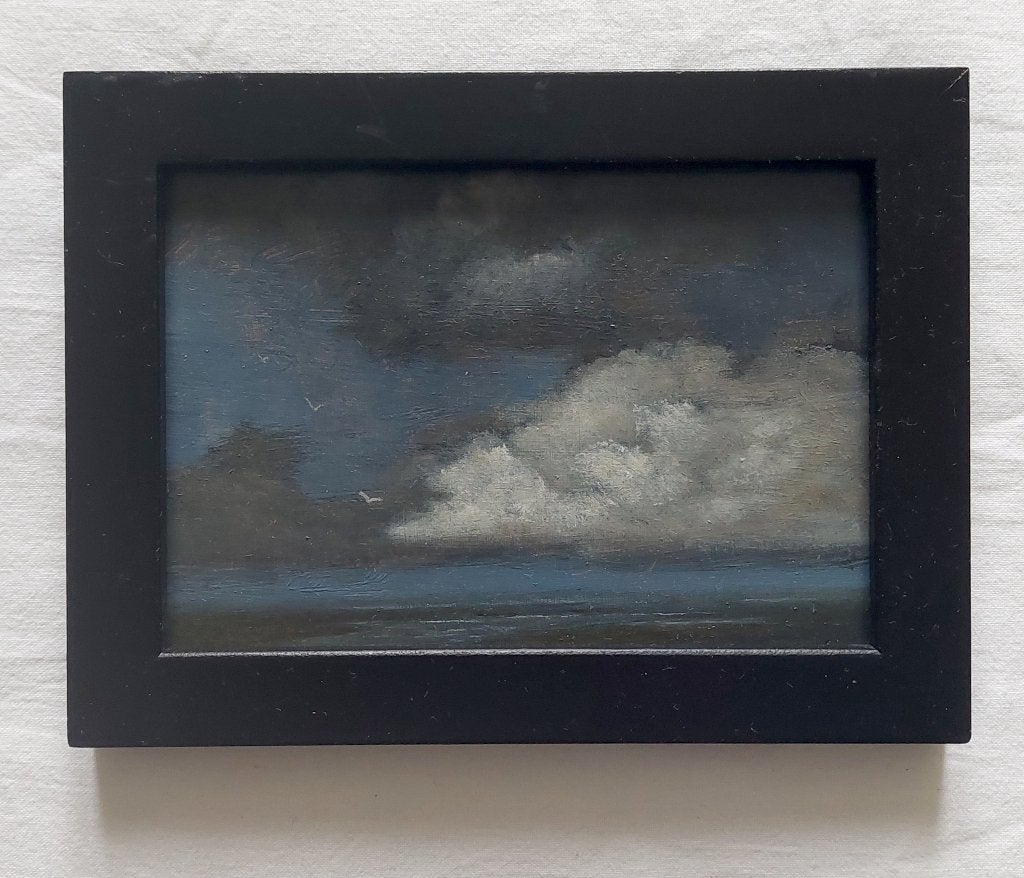 Landschap met Wolkenlucht en Vogels - Olieverf, Paneel, Realistisch, Ophalen of Verzenden, Gedateerd