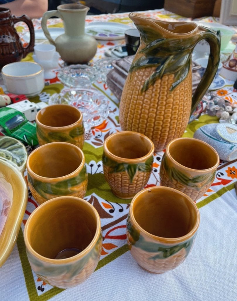Vintage Majolica Maïskolf Servies: 6 Kopjes + Kan - Hongaars, Ophalen of Verzenden
