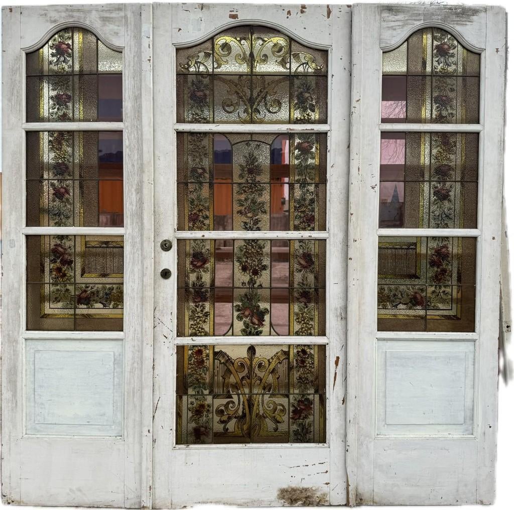 Set Jugendstil glas in lood deur met zijramen 204x204cm.