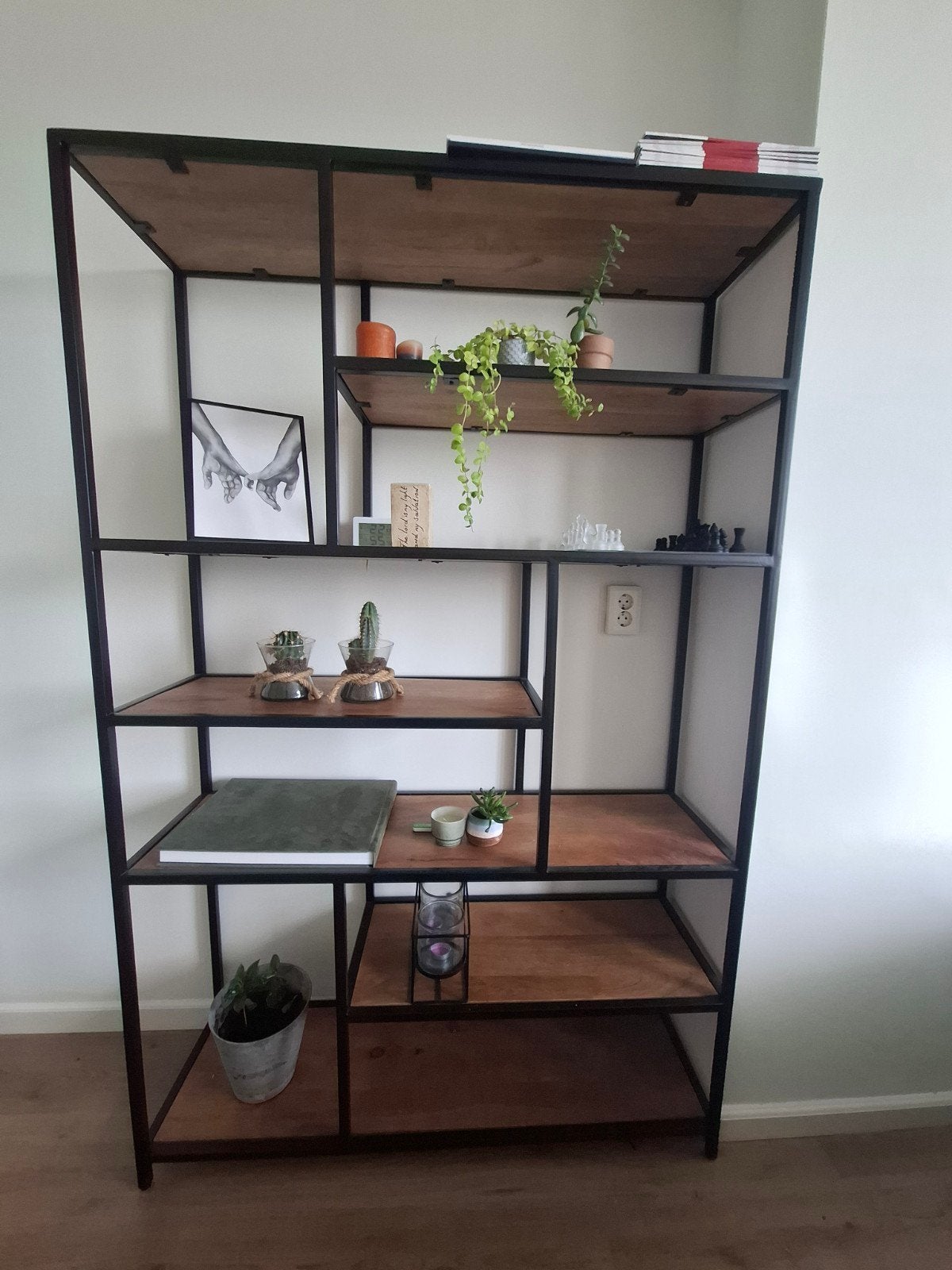 Industriële Boekenkast/Open Kast - Mango Hout en Metaal, Met plank(en), Gebruikt, 200 cm of meer, Industrieel, Modern