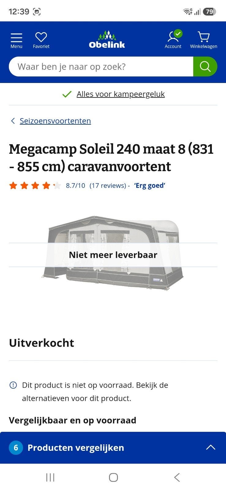 voortent obelink 831-855 cm, Caravans en Kamperen, Voortenten en Luifels, Ophalen, Zo goed als nieuw, PVC, Overige merken