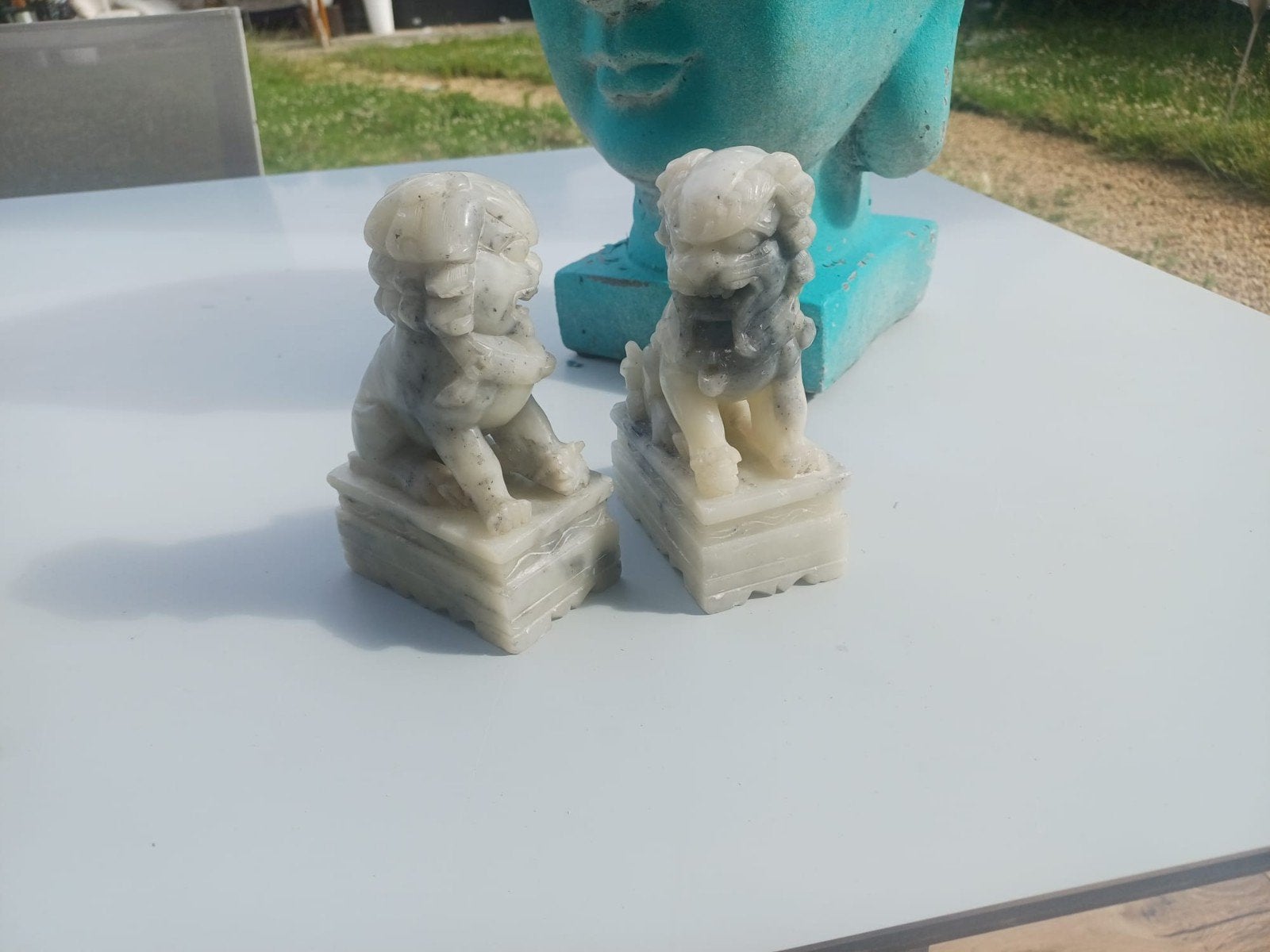 Set van 2 Chinese Foo Dogs in speksteen, Minder dan 20 cm, Ophalen of Verzenden, Steen of Keramiek, Beeld