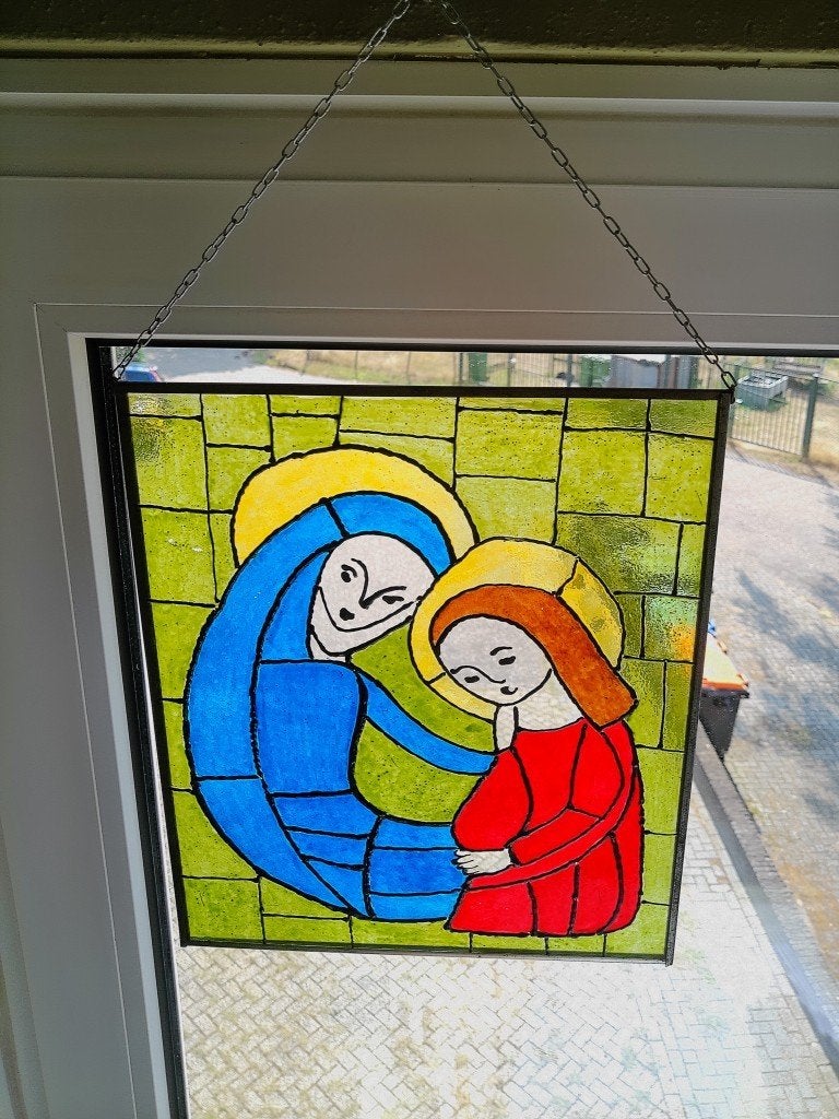 Antiek /vintage glas in lood Maria en Jezus volkskunst 25x30, Ophalen of Verzenden